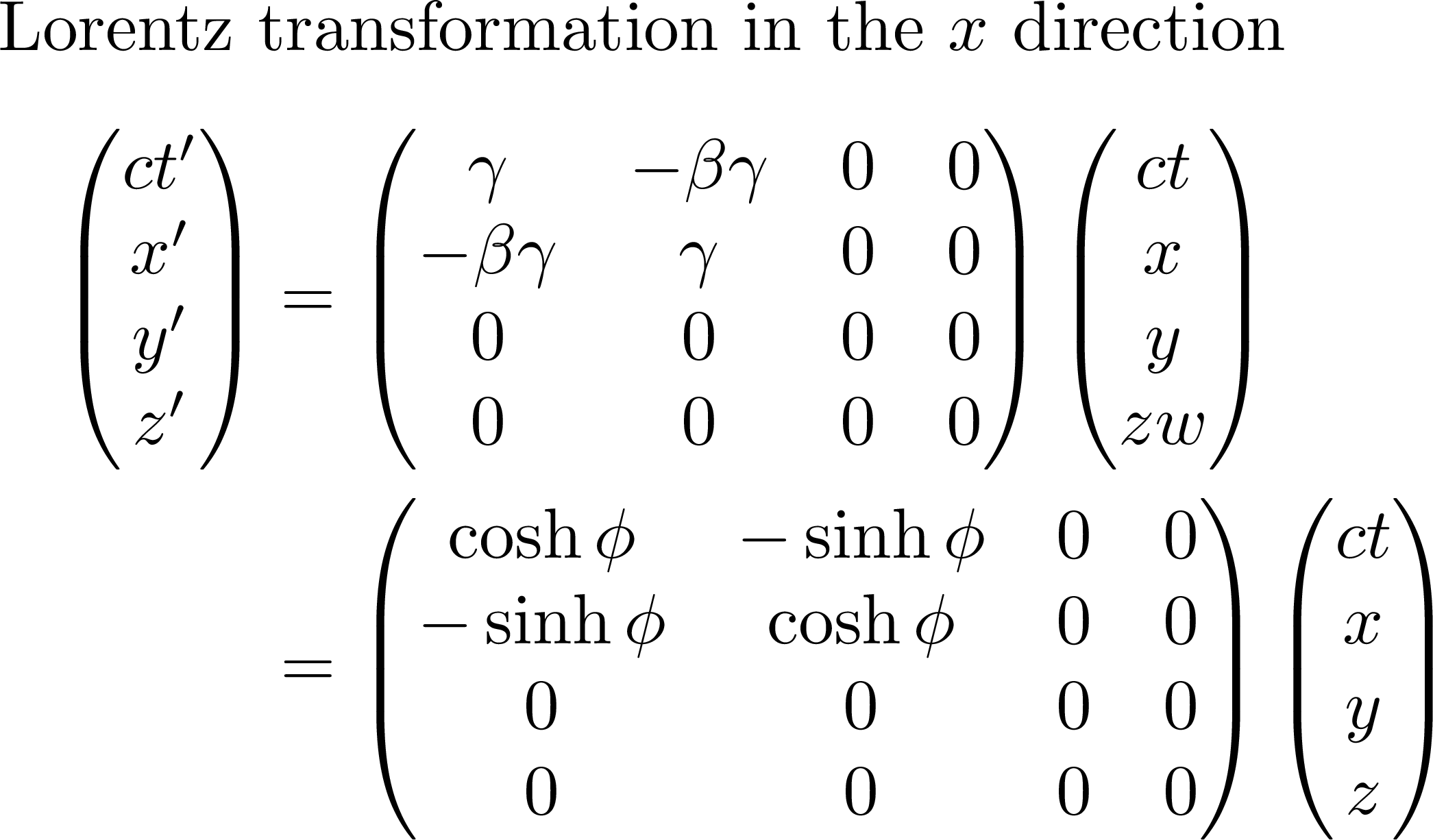 Lorentz transformation matrix with hyperbolic functions sinh and cosh.